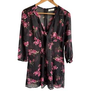 Abercrombie & Fitch Sheer Floral Dress L Dark Romantic Long Sleeve Short Wrap